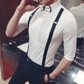 

Men Pleat shirt with bowtie men tuxedo shirt black white stylish shirts for men wedding party club party slim fit shirt men 5xl