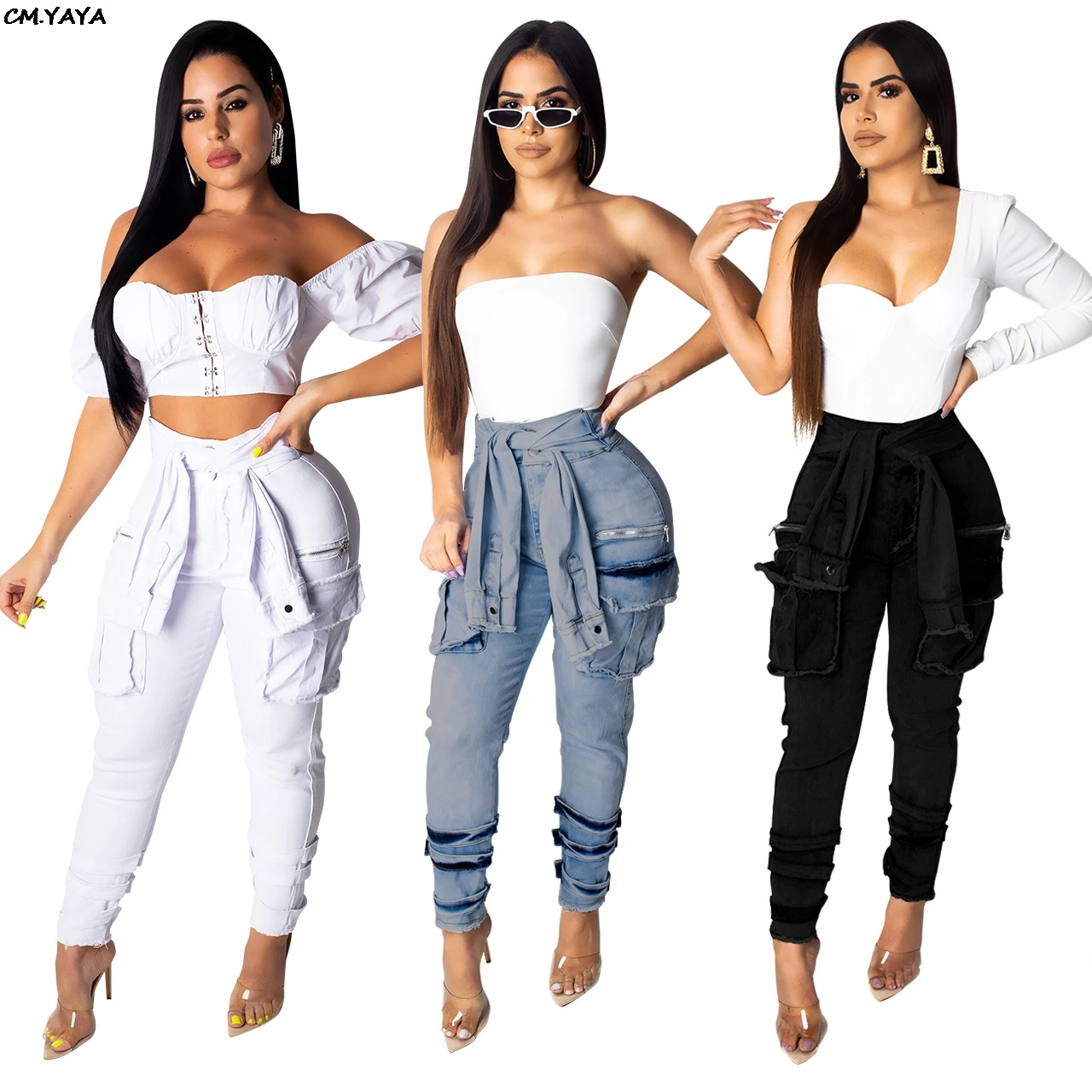 

2019 new women summer tie up high waist side pocket pencil long jeans vintage fashion denim pants safari trousers S-2XL GLME255