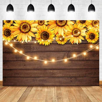 

NeoBack Rustic Wood Bakdrop Sunflower Baby Shower Photography Backdrops String Light Custom Birthday Banner Photo Background