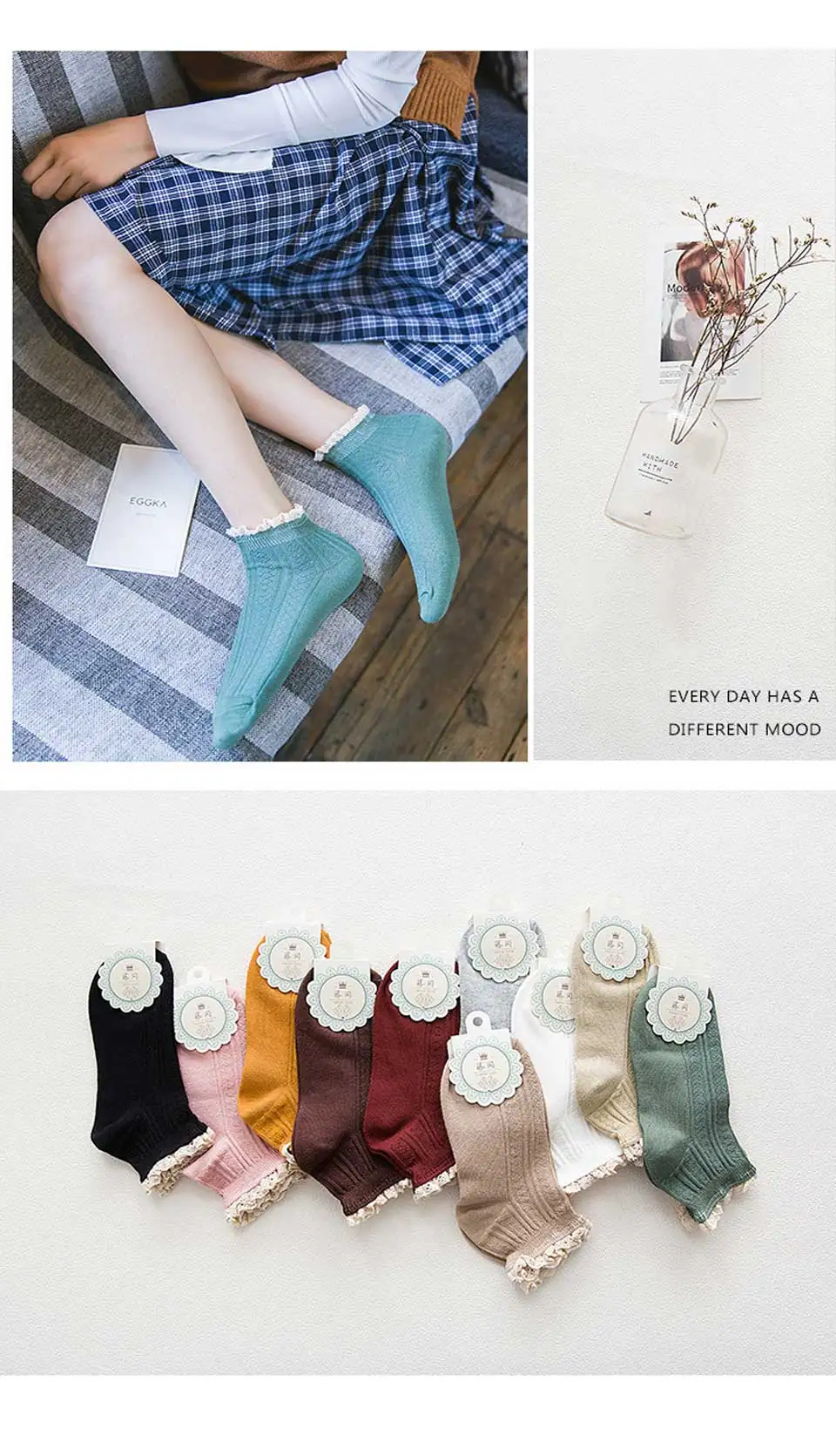 2018 Autumn and Winter New Cotton Short Tube Lace Solid Color Wild Boat Socks Small Fresh Lady Fan Warm Wear (8)