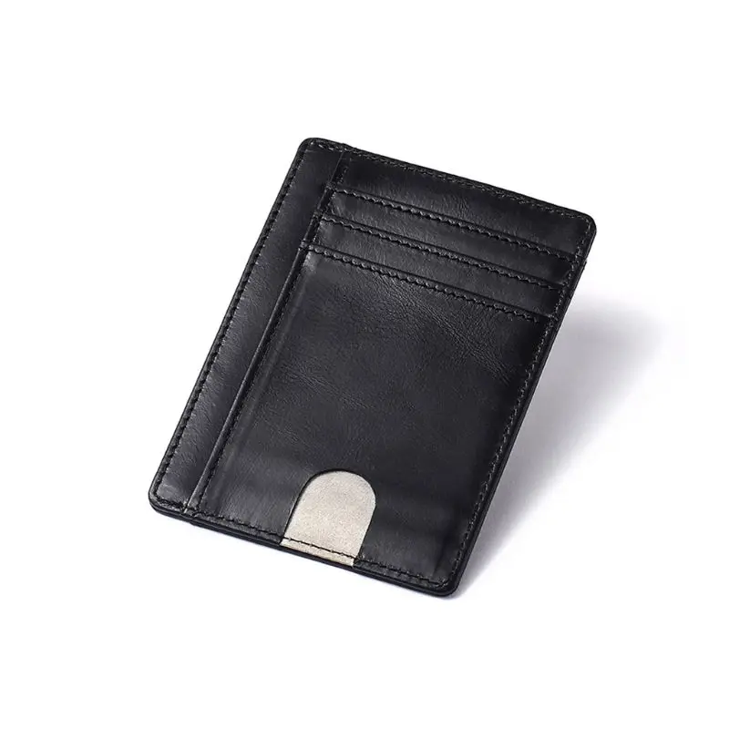 Мужской тонкий кошелек из натуральной кожи с блокировкой RFID, держатель для карт, карман для монет, винтажный бизнес-держатель для карт s для мужчин 11,5x8 см - Цвет: Черный