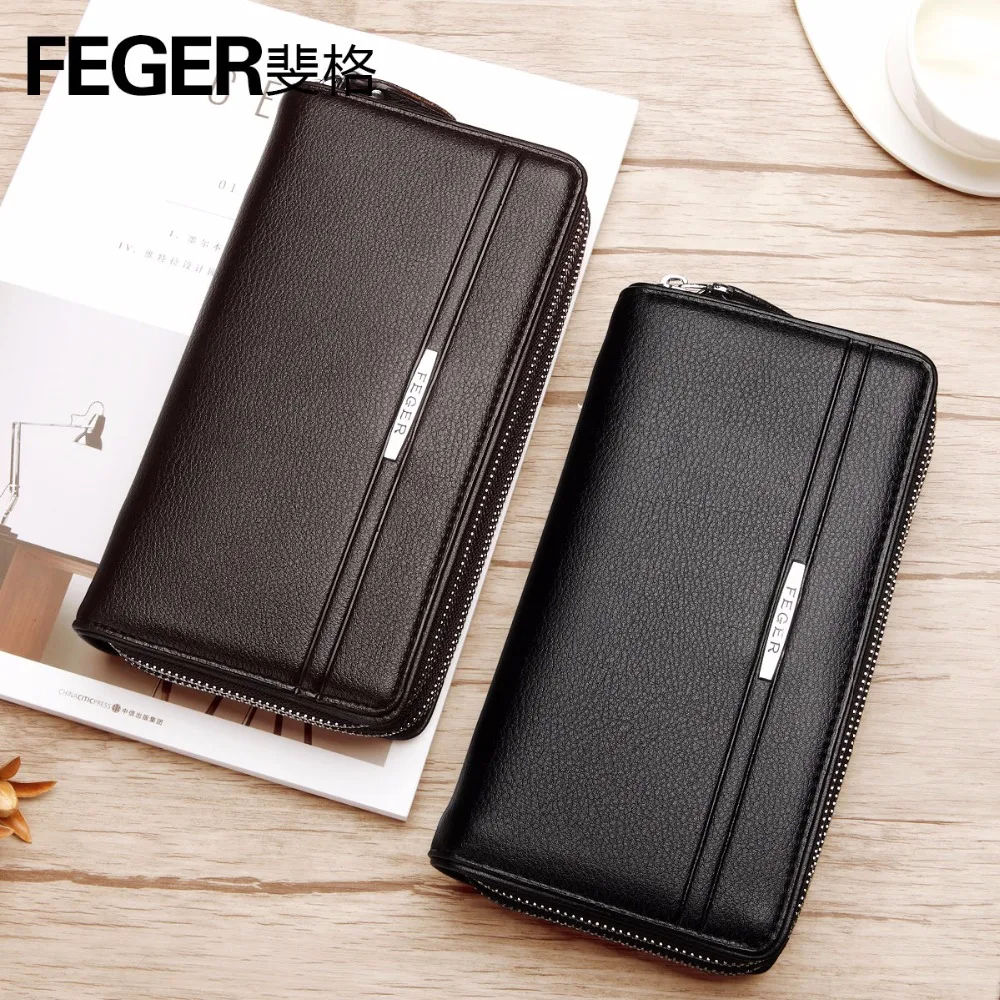 

Feger PU Leather Men's Large Capacity Wallet Double Zipper Men Purse Fashion Male Long Wallets Man Clutch Bag Business For Men