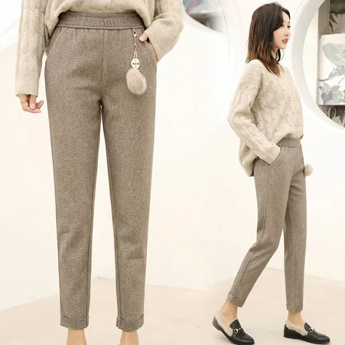 YASUGUOJI модные брюки до щиколотки с эластичной резинкой на талии зимние женские брюки повседневные корейские брюки с меховым шаром брюки палаццо - Цвет: khaki LBYY1918