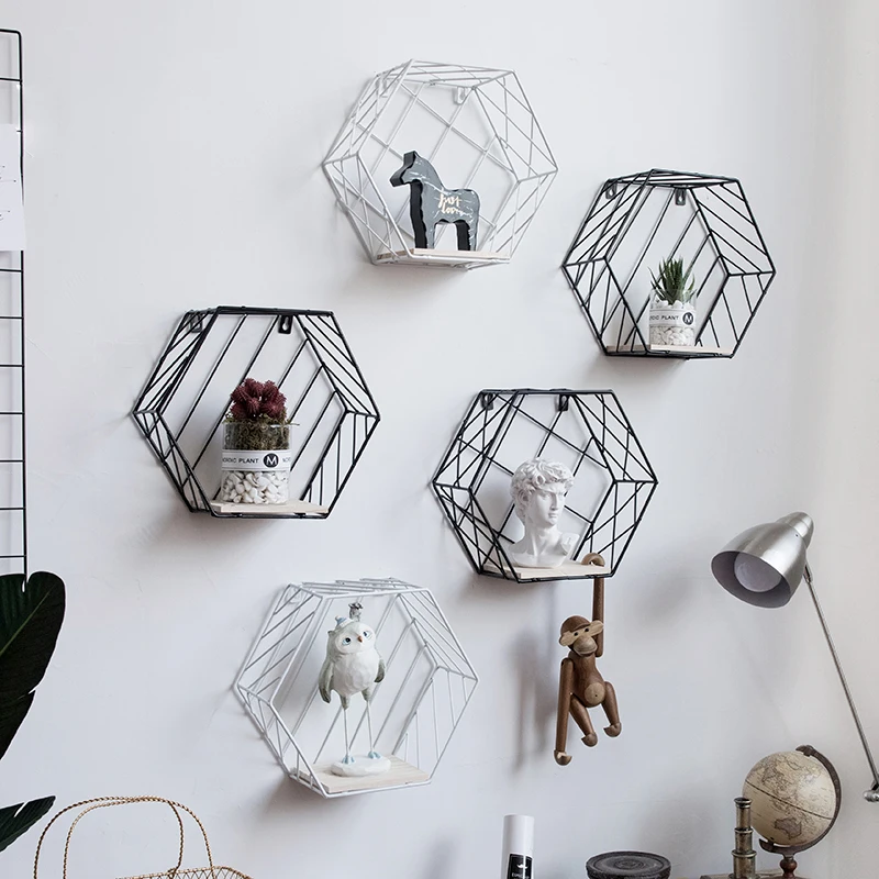 

Modern Nordic hexagonal geometry Storage Holders Racks Creative combination iron wall hanging bookshelf bedroom decoration