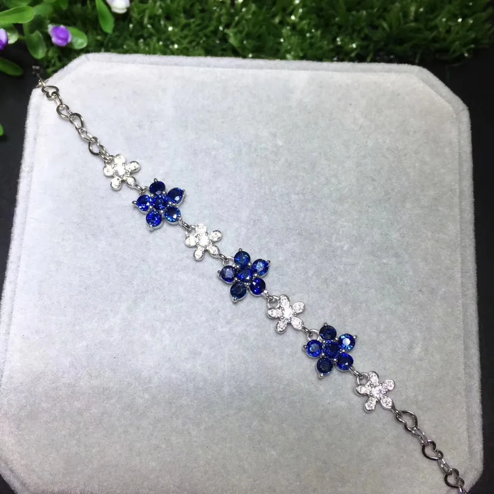  Saphir bleu naturel gemme mode fleurs Bracelet pierres précieuses naturelles Bracelet 925 argent br