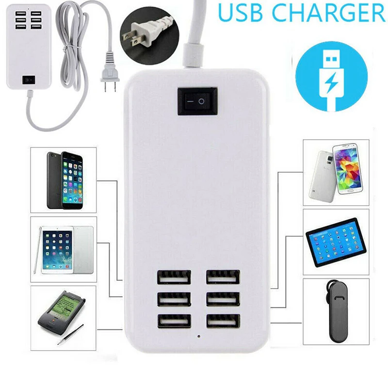 6-Ports USB Charger Table Smart Adapter 5V/2.1A Fast Charging for iPhone X 8 iPad Samsung Mobile Phone