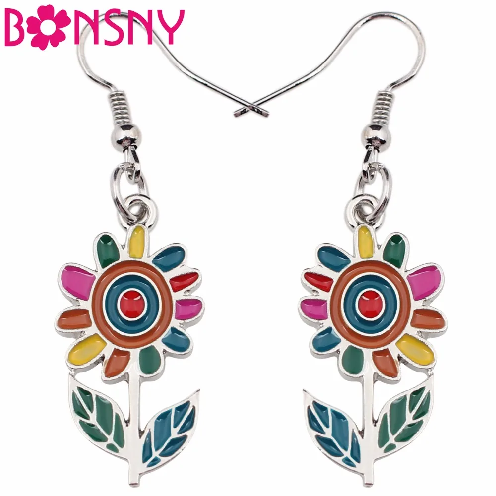 Bonsny Fashion Big Long Enamel Alloy Sunflower helianthus Dangle Drop Earrings 2018 News Flower Fashion Jewelry For Girls Women