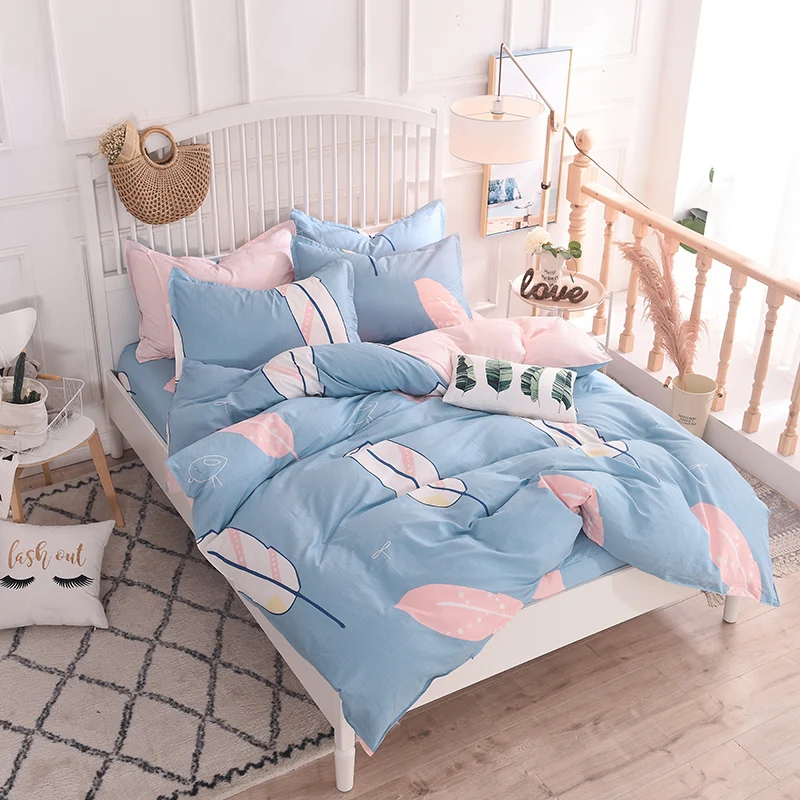 

Home Life Comfortable And Soft Quilt Cover + Bed Sheet + Pillowcase Multi-Style Optional Feather Print Pattern Cotton Four-Piece