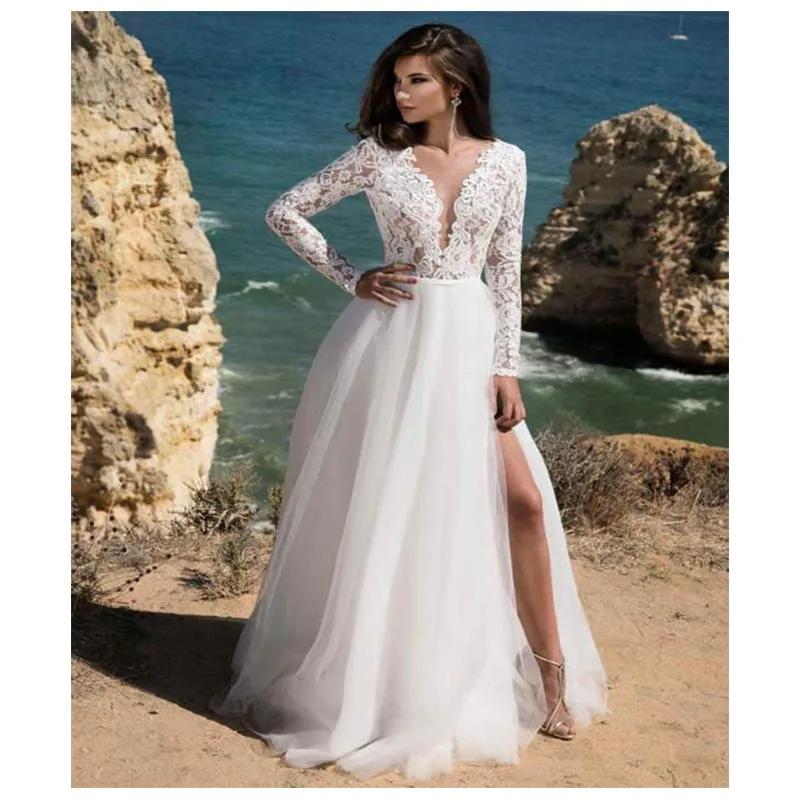 

Long Sleeves Boho Wedding Dress 2019 Backless Side Split Appliques Lace A Line Tulle Vintage Bride Dresses Wedding Gown