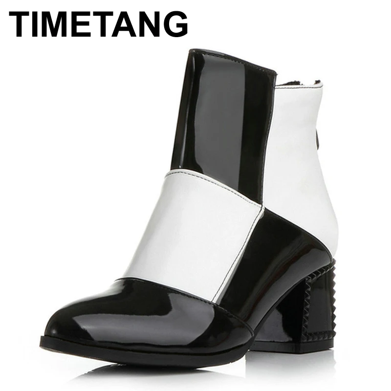 

2016 Big Brand Women Sexy Pointed Toe Thin High Heels Zip Boots Spring Autumn Shoes Women Mixed Color Ankle Boots Plus size