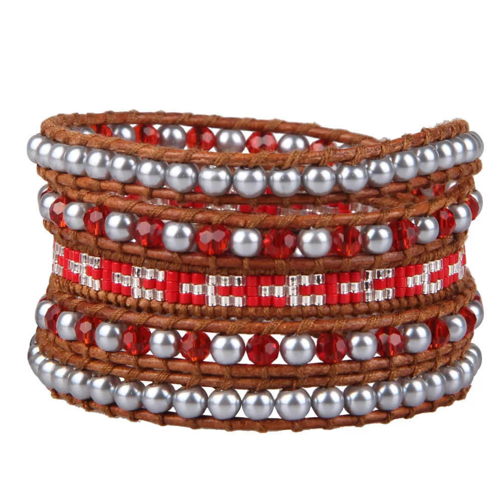 

KELITCH Boho Leather Wrap Bracelet Crystal Seed Beaded & Grey Pearls Charm Bracelet Vintage Design Women Trendy Jewelry