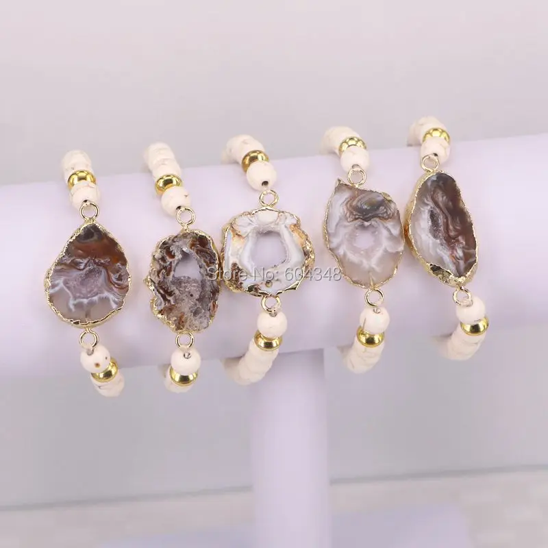 5 Strand Gold color Slice Connector Bracelet, Howlite Stone Beaded Gem