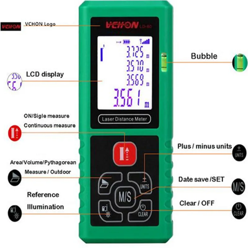 Vchon 12 в 1 цифровой лазерный дальномер оптический Клейкие ленты Diastimeter измерения