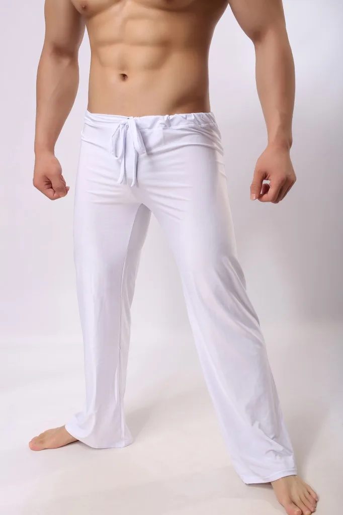 Мужские штаны, Мужские штаны для сна, вискоза, домашние штаны, свободные сексуальные мужские штаны для отдыха, молочный шелк, модные сексуальные мужские пижамы с ремешком