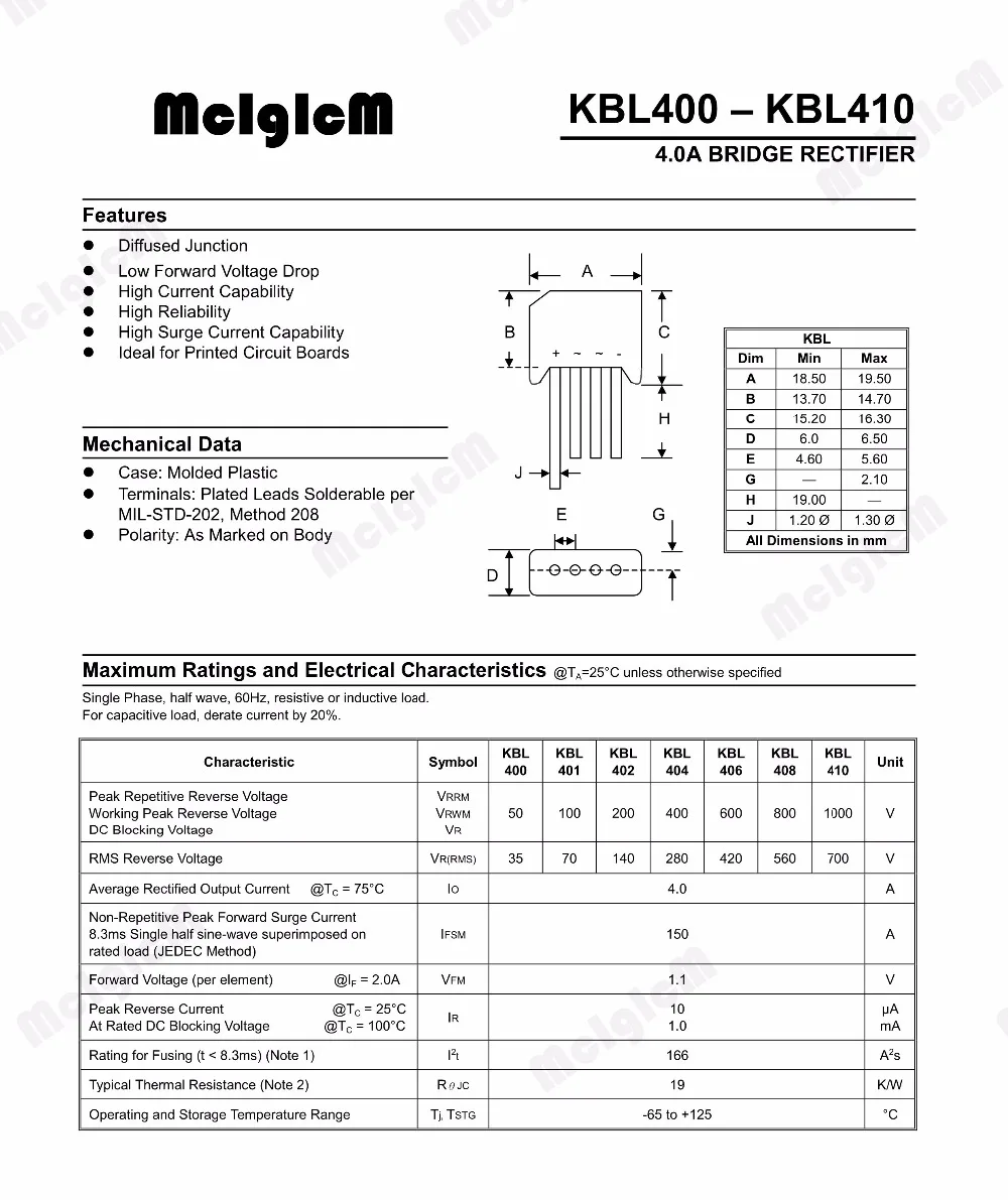 4A 600V diode bridge rectifier kbl406 10PCS