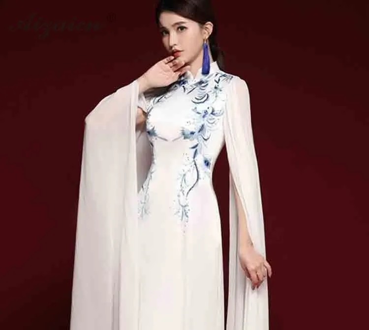 Новые модные синие белые длинные платья Cheongsam из шифона с вышивкой Qi Pao, женское традиционное платье на одно плечо, платье Qipao