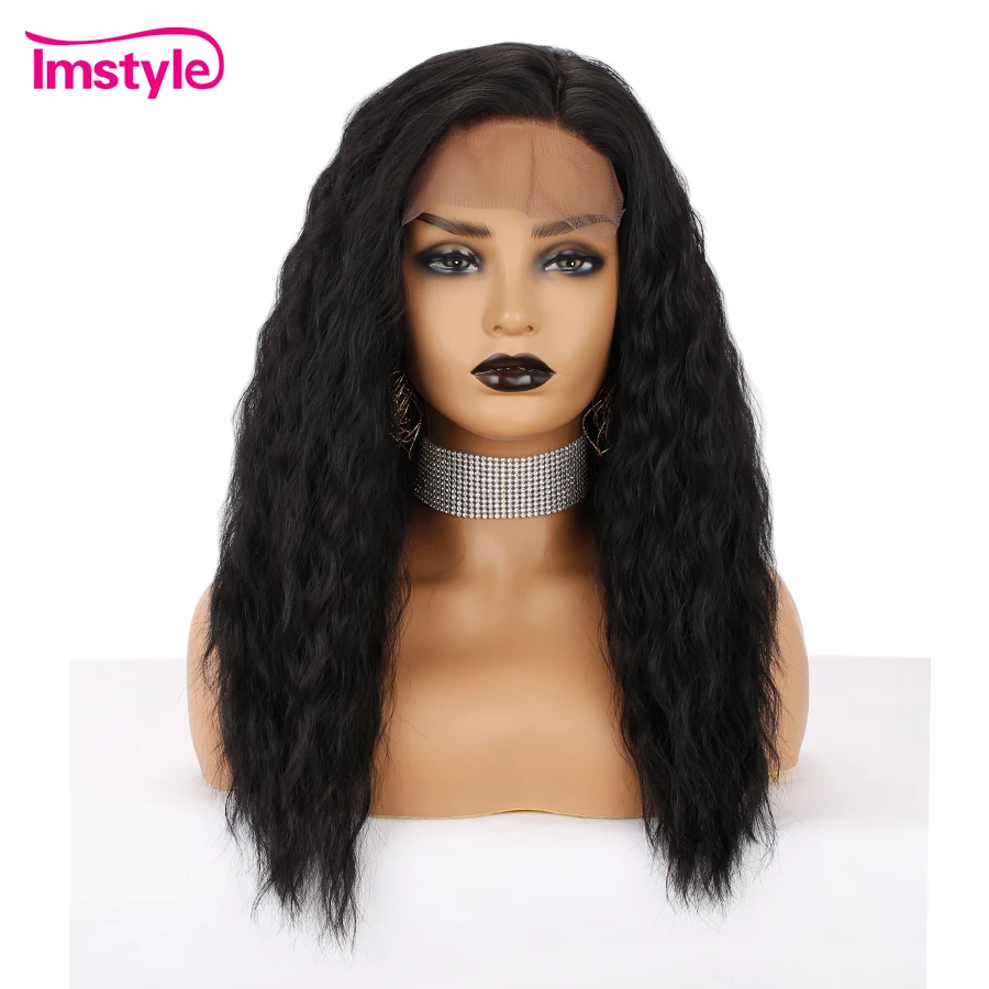 

Imstyle Black Curly Long Wig Synthetic Hair Lace Front Wig For Women Heat Resistant Fiber 22 inch Daily Wigs Natural Hairline