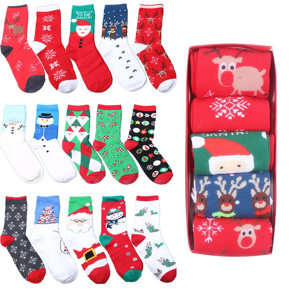 5 пар, женские мягкие хлопковые носки, высокие носки до середины икры для девочек, милые Нескользящие Носки с рисунком, Рождественский подарок