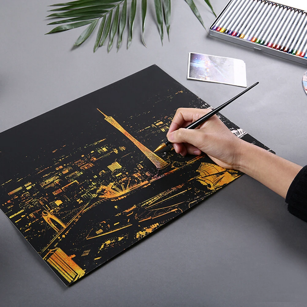 

1pc Hand-scraped World Golden Night Scraping Paint Scratch Night View Vintage Postcards Magic Drawing Scraping Painting