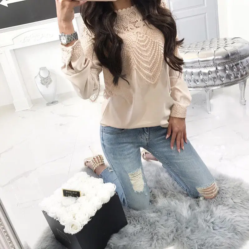 Patchwork 2018 Nouveau De T Chemise Automne blanc Longues Pull Bleu Tops Lâche Vêtements Mode Décontractés shirts cou Blouse Dentelle Manches O À Femmes rOqnXr