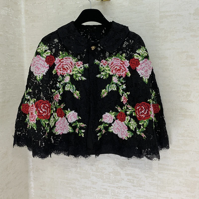Embroidered Cloak Fashion Runway Cloak Coat Flower Pattern Handmade Embroidered Women Shwal Batwing Sleeve Coat