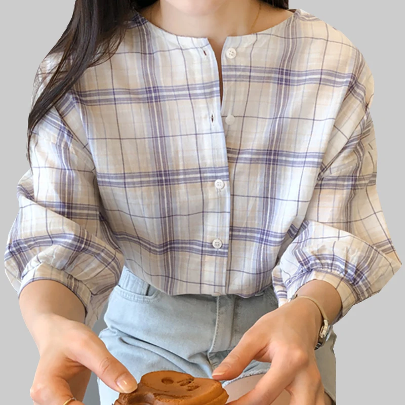 shintimes Short Sleeve Plaid Shirt Women Blouse 2019 New Casual Woman Blouses Cotton Button Korean Fashion Clothing Womens Tops
