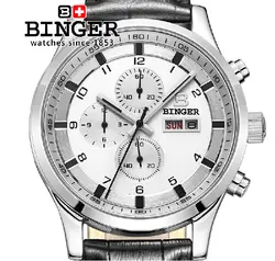 Швейцария Элитный бренд Наручные часы Для мужчин смотреть Бингер кварц ремень из натуральной кожи часы Для мужчин Водонепроницаемый часы