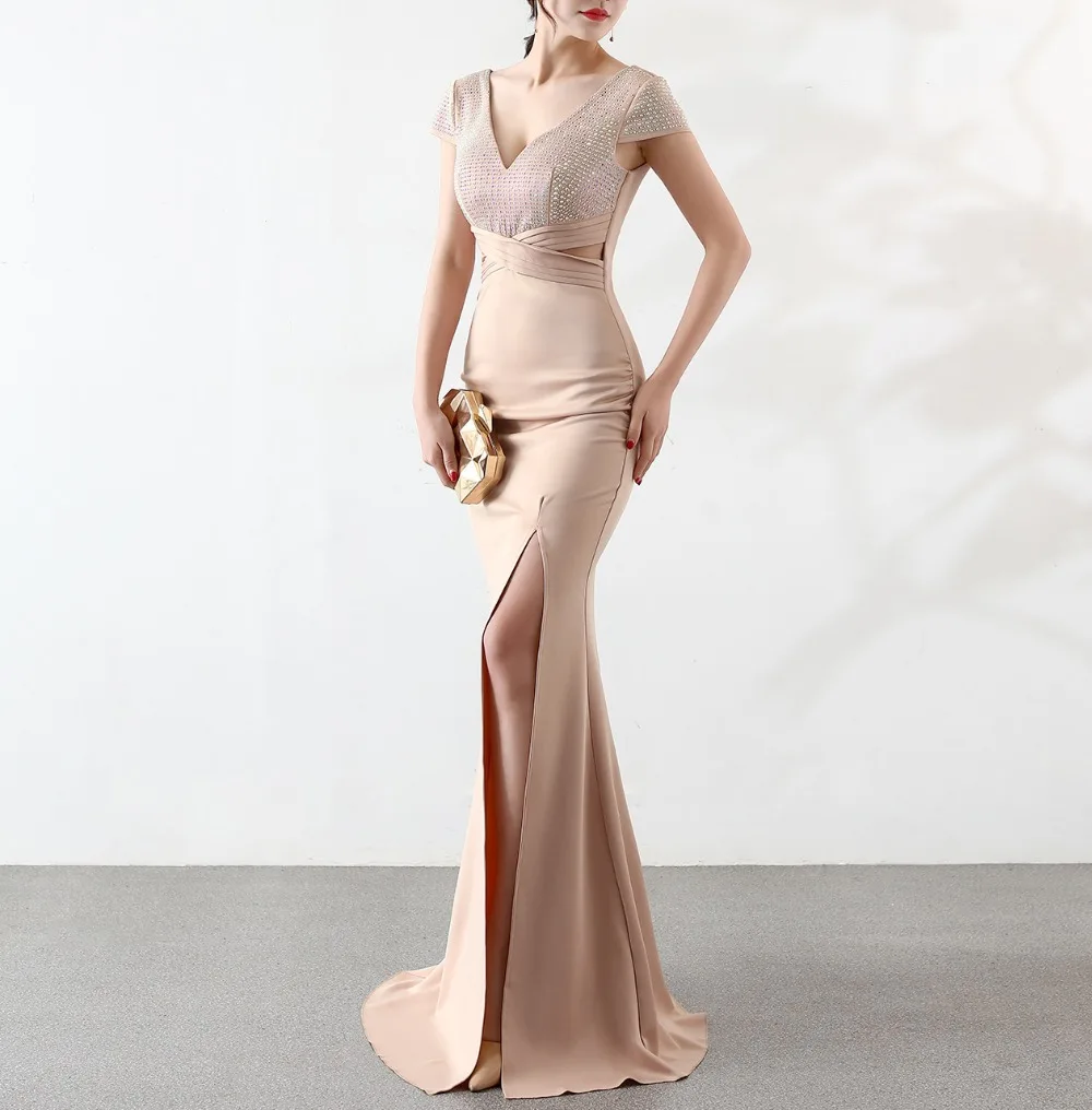 Solovedress Prom Dress Mermaid Бисер с разрезом на ноге прорезью официальное свадебное платье Кепки рукава с глубоким v-образным вырезом платье с