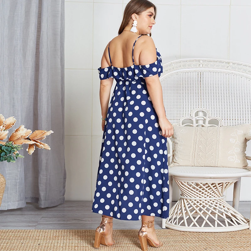 Plus Size Polka Dot Maxi Dress V Neck Backless Tunic Dress Lace Up Summer Vestidos Beach Boho Long Robe Off Shoulder Women Dress Plus Size Polka Dot Maxi Dress V Neck Backless Tunic Dress Lace Up Summer Vestidos Beach Boho Long Robe Off Shoulder Women Dress