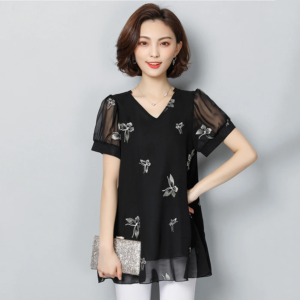 Spring and summer new style Women's large size L-6XL short sleeve blouses Butterfly embroidery temperament chiffon top