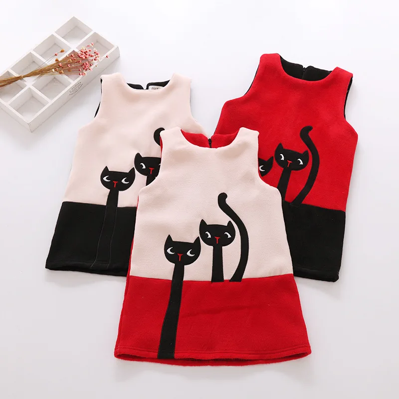 Брендовое платье для девочек осень-зима, Новое Детское платье для девочек, хлопковое с мультяшным котом, платье-майка без рукавов Детские праздничные теплые платья