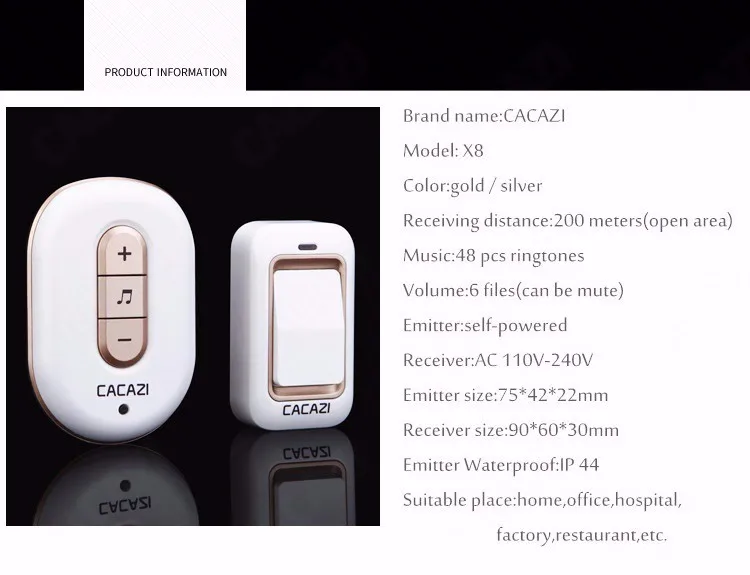 CACAZI New Kinetic Electronic Wireless Doorbell Sefl Powered No Need Battery Led Light Door Bell With 2 Push Button+1 Bell