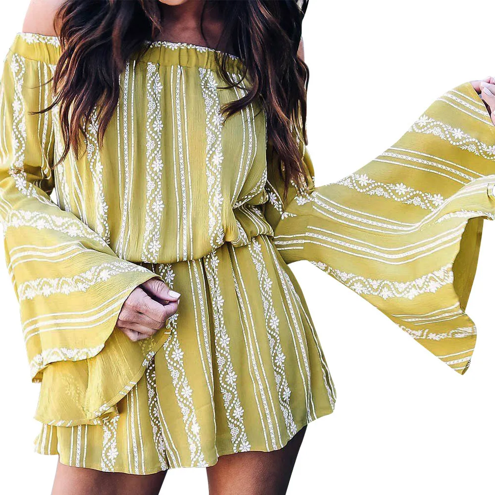 Playsuit Women Bohemian Off The Shoulder Printing Striped Long Sleeve Jumpsuit Rompers Top Summer Beach |