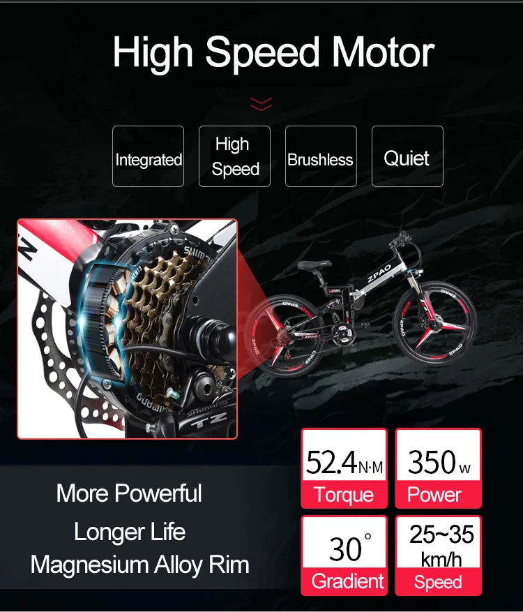 ZPAO 26 Inch Folding Electric Bicycle, 48V 10.4Ah Lithium Battery, 350W Mountain Bike, 5 Grade Pedal Assist, Suspension Fork
