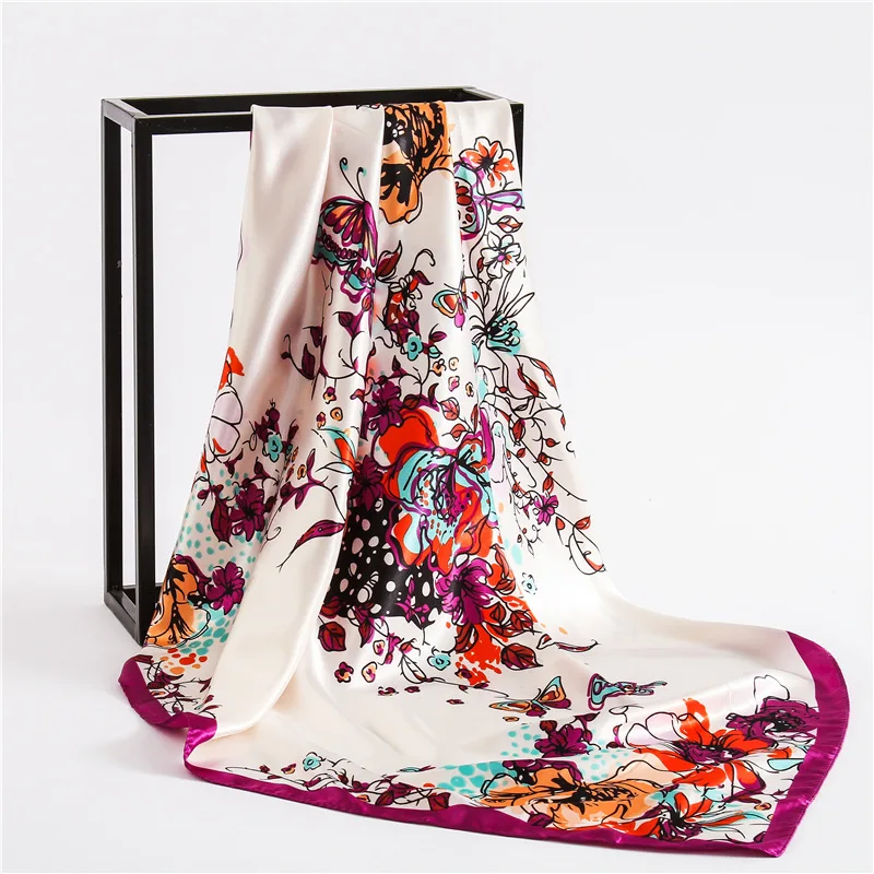 

2019 New Women's Square Silk Scarf Ladies Shawls and Wraps Soft Small Office Scarf Hijabs Foulard Neckerchief Headband 90*90cm