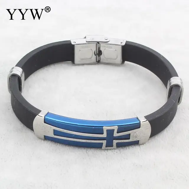 Silicone Bracelets Exquisite Blue Tone Cross Id Slide Charm Silicone Bracelets Exquisite Blue Tone Cross Id Slide Charm Stainless Steel Bangles Cool Man Jewelry