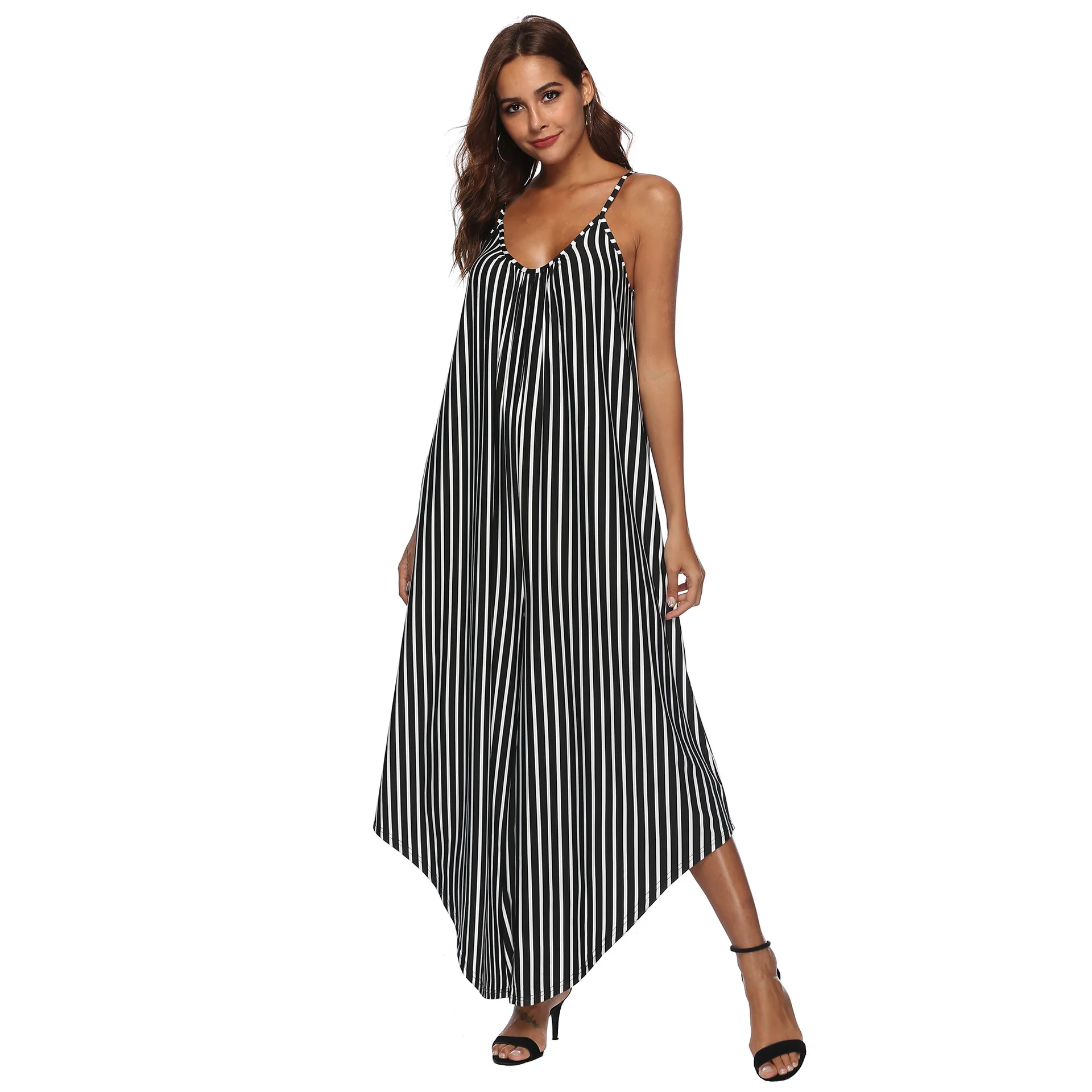 spaghetti strap Sexy loose long jumpsuit chiffon sleeveless striped casual wide leg pants lady's long Bodysuits Playsuits Jumpsuits and Playsuits