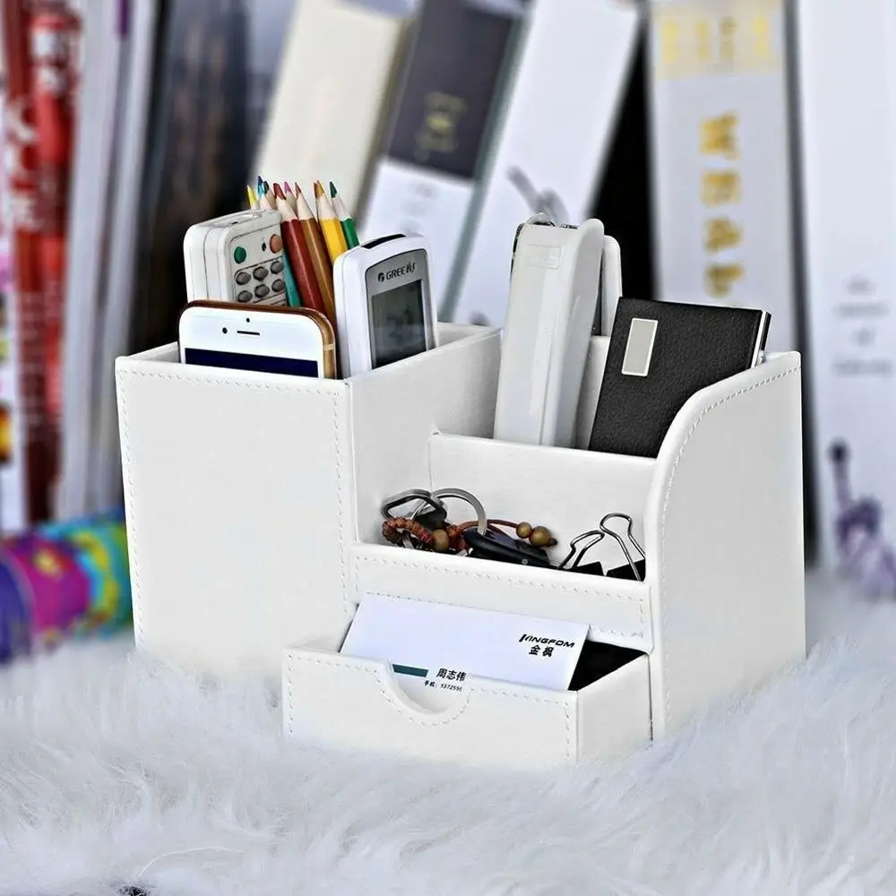 Office Desk Accessories Organizer 5 Compartments Pen Holder PU Leather  Stationery Pencil Storage Box Card Holder Case - AliExpress