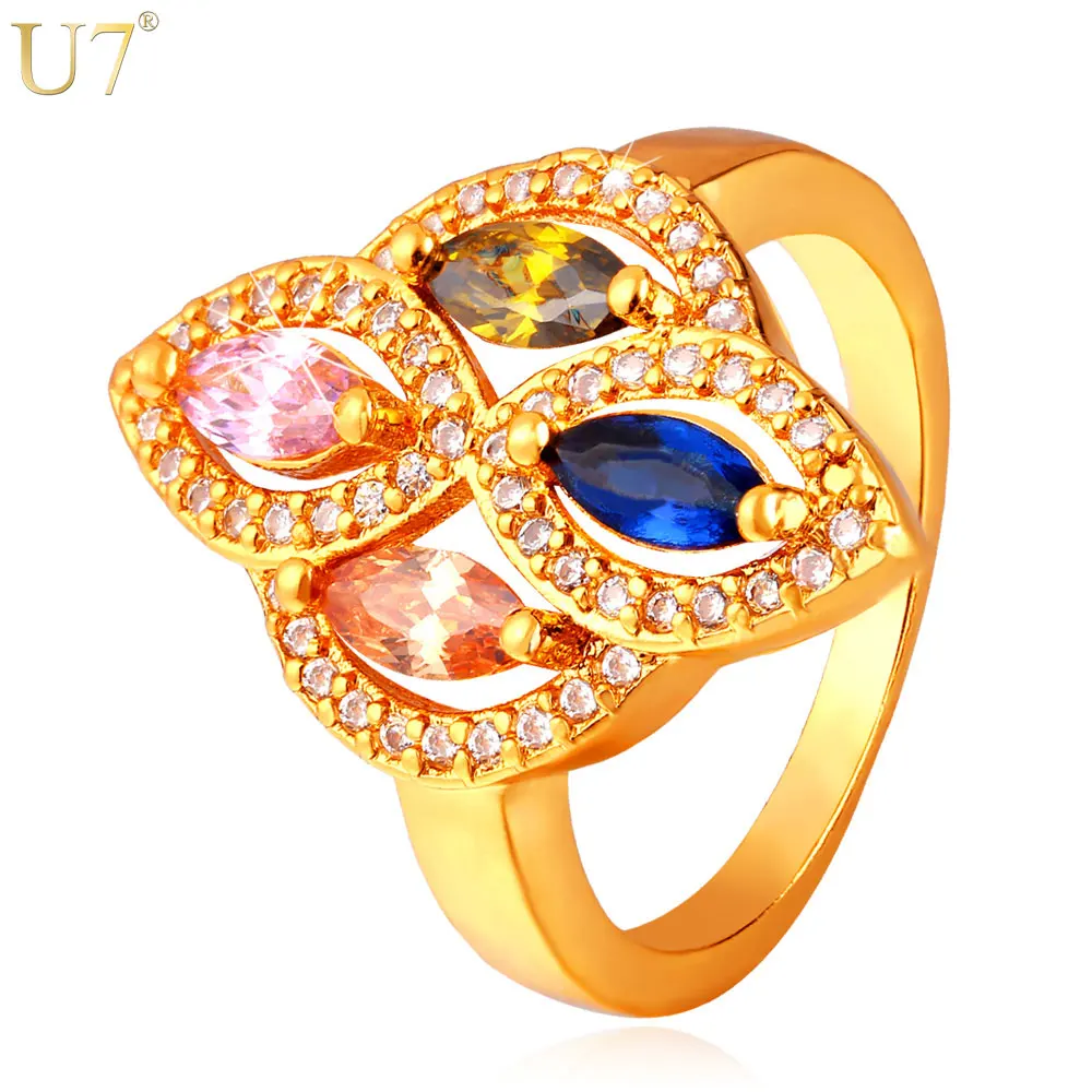 

U7 Crystal Clover Engagement Rings for Women Trendy Gold Color Cubic Zirconia Statement Wedding Bands Ring R394