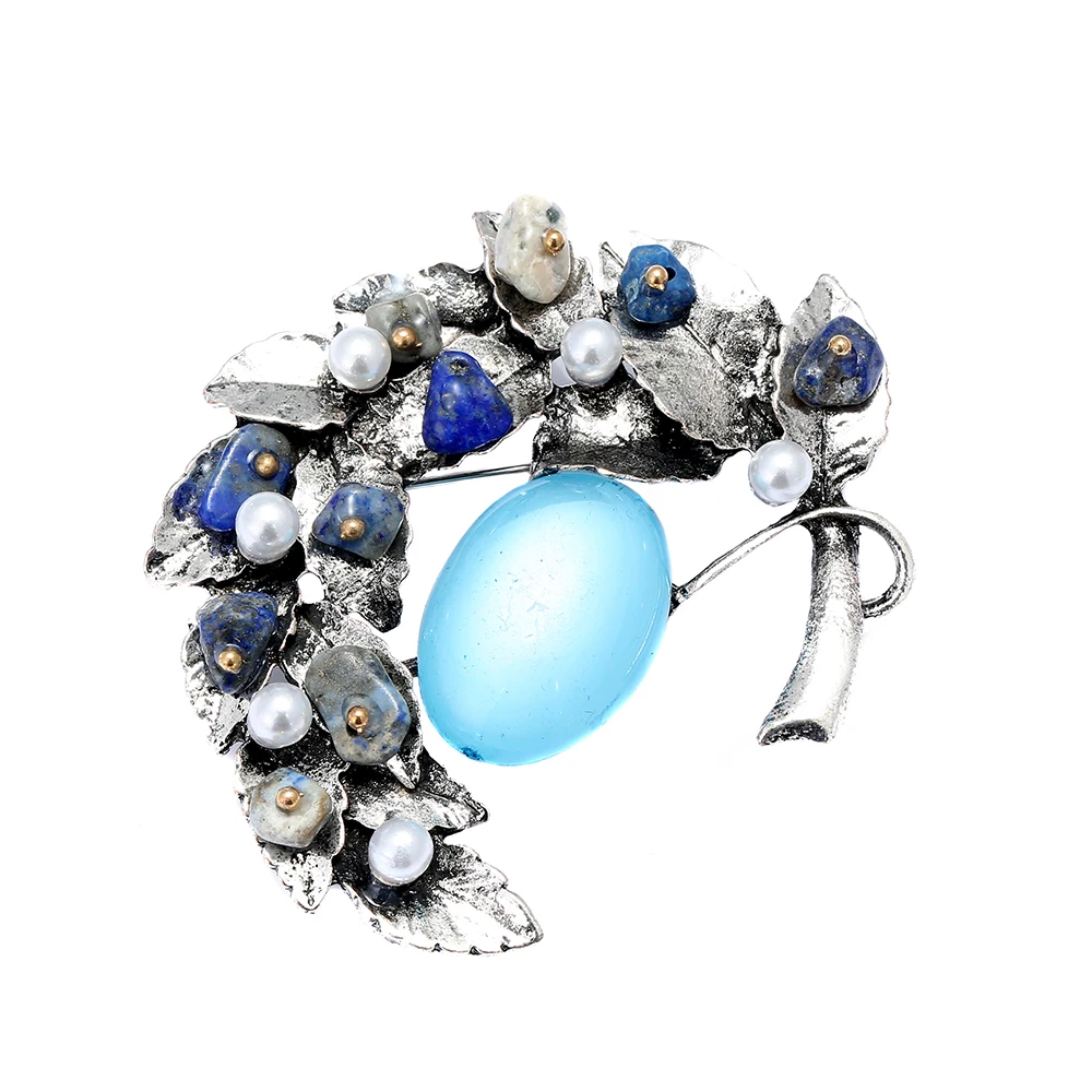 New Arrival Leaf Brooches Jewelry Natural Stone Brooch Imitation Pearl