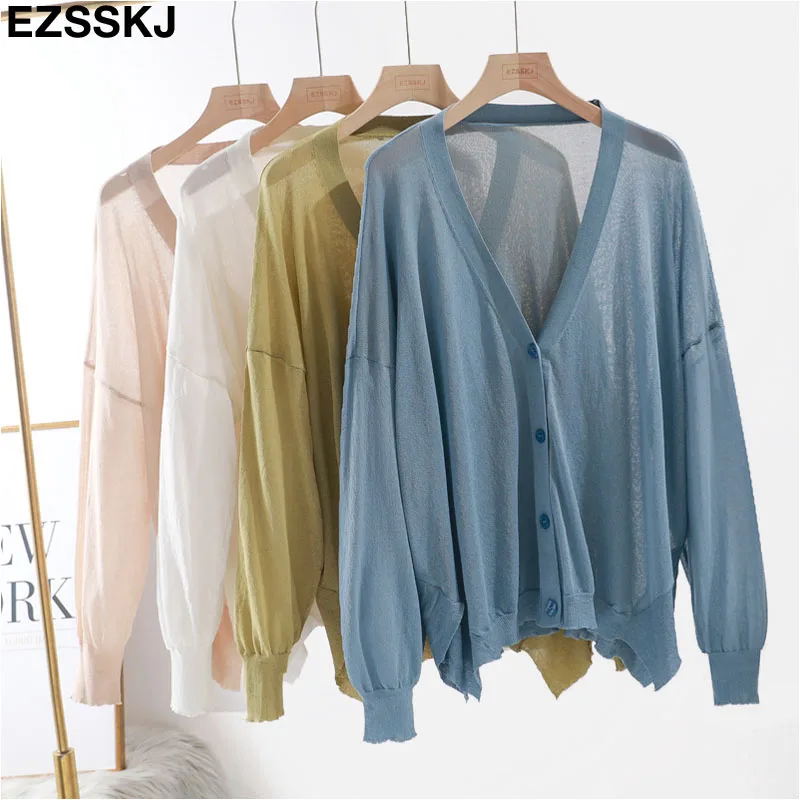 

summer thin Cardigan Women oversize Knit Cardigan long Sleeve V-Neck Loose batwing sleeve Cardigan perspective coat Basic Jacket