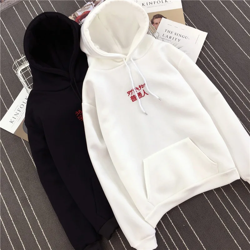 ROPALIA New Fashion Corduroy Sweatshirts Long Sleeves Chinese Letter Harajuku Print Girl Light Pullovers Tops Hooded Sweatshirt