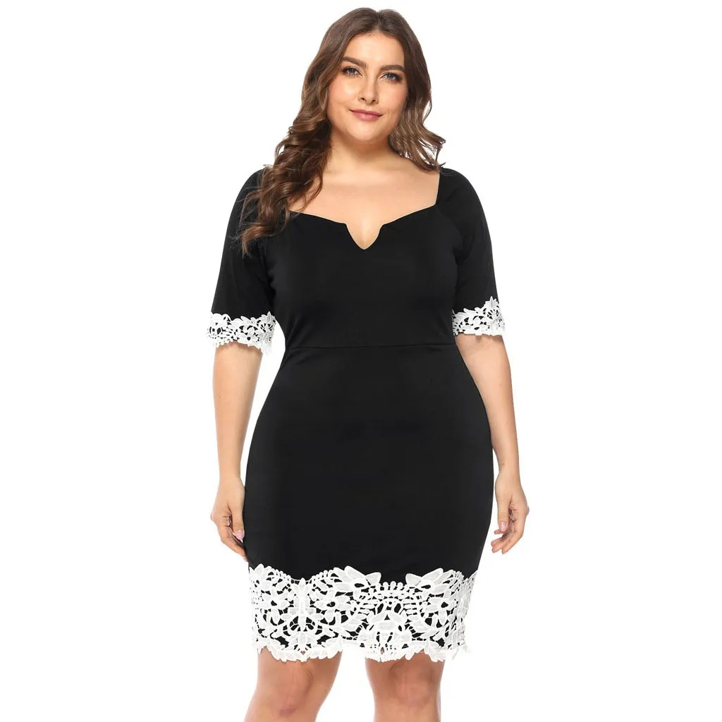 

JAYCOSIN Women Summer Dresses Casual Plus Sizes Women's Casual V-Neck Lace Panel Sheath Patchwork Short Sleeve Mini Oodji Dress