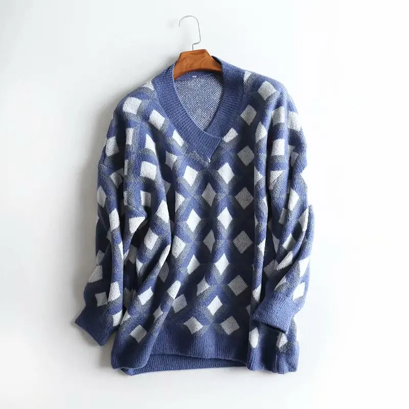 

Geometric Pattern Print Sweater Blue White-Diomand V-Neck Pullovers Long Sleeve Casual Ladies Tops Feminine Streetwear