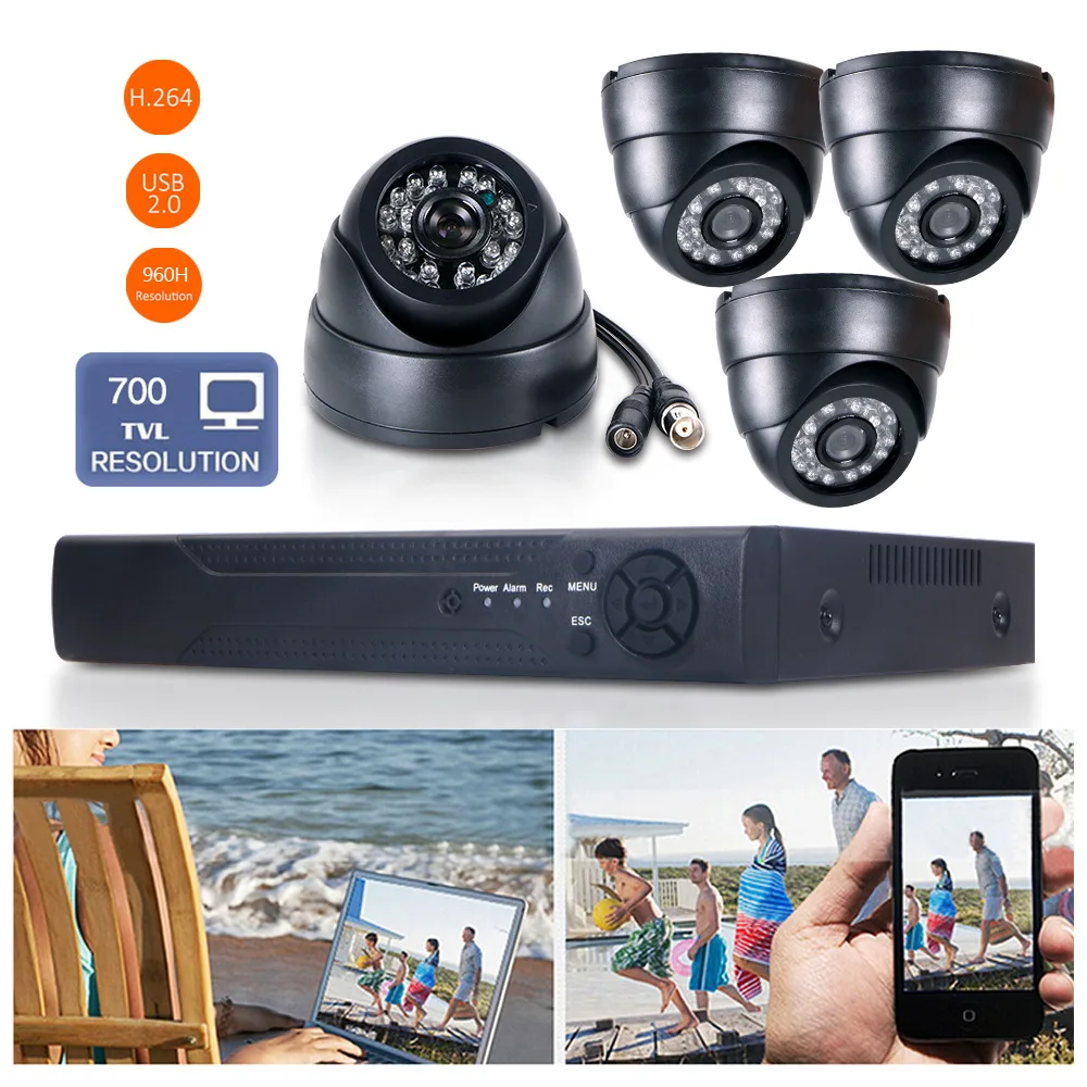 4CH H.264 Безопасности DVR NVR HD Широкоугольный CMOS 700TVL 24IR 3.6 мм высокого разрешения
