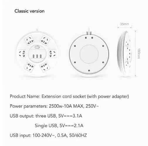 Xiaomi TP Lightning защитная лента питания 6 портов с 3 USB 2500 Вт 10А 2.1A USB защита от перенапряжения зарядное устройство длина 1,8 м - Цвет: classic version