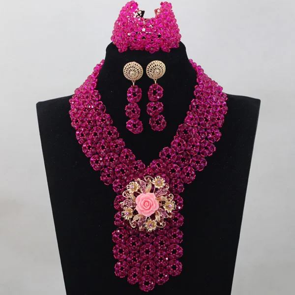 Trendy Fuchsia Pink Crystal Beads Jewelry Set African Jewelry Sets Wedding Elegant Nigerian Wedding Beads Free ShippingABH075