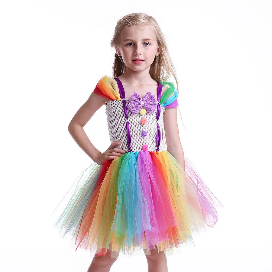 Girls Circus Fancy Clown Tutu Dress with Bow Children Handmade Rainbow Tulle (2)