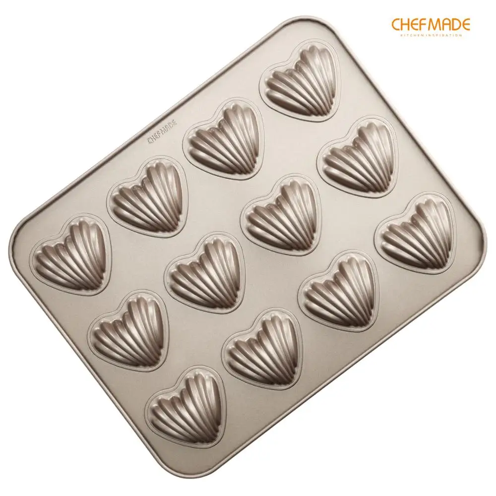 

CHEFMADE Madeleine Cake Mold, 12-Cavity Non-Stick Heart-Shaped Scallop Madeline Pan, FDA Approved