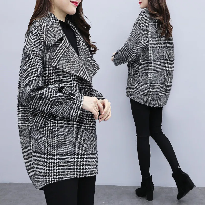 

2019 Spring Autumn Coat Women Fashion Korean Houndstooth Woolen Overcoat Plaid Wool Coat Loose Vintage Grey Blazers Jackets X630